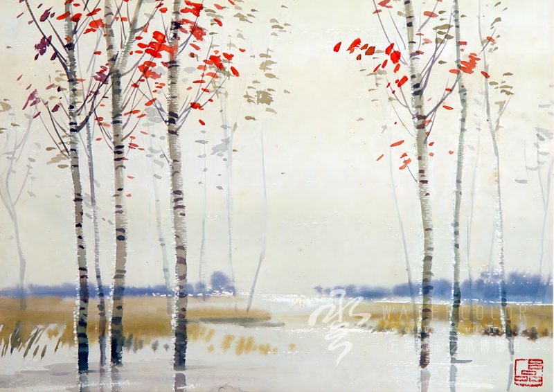 吕品  《秋日桦树》  26.5cm*37cm